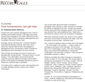 Alt text: Article from the Traverse City Record Eagle discussing the impact of recent flooding and tornadoes in Michigan, detailing how homeowners can report property damage to state officials for federal assistance. It highlights the importance of damage reports and emergency declarations by Governor Gretchen Whitmer across multiple counties.