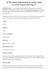 Alt text: "MDOT Road Closure Notice for M-88 in Antrim County, detailing culvert replacements at Coulter Creek starting August 17, 2026, with traffic detours and safety benefits highlighted."