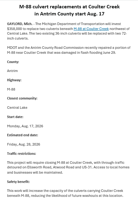 Alt text: "MDOT Road Closure Notice for M-88 in Antrim County, detailing culvert replacements at Coulter Creek starting August 17, 2026, with traffic detours and safety benefits highlighted."